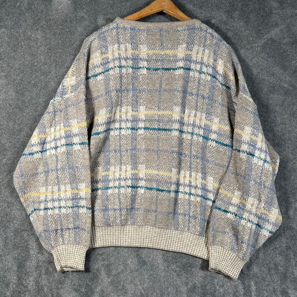 VTG Conte di Milano Sweater Knit V-Neck Plaid Men XL Made Italy Grey Blue Yellow - Picture 6 of 11